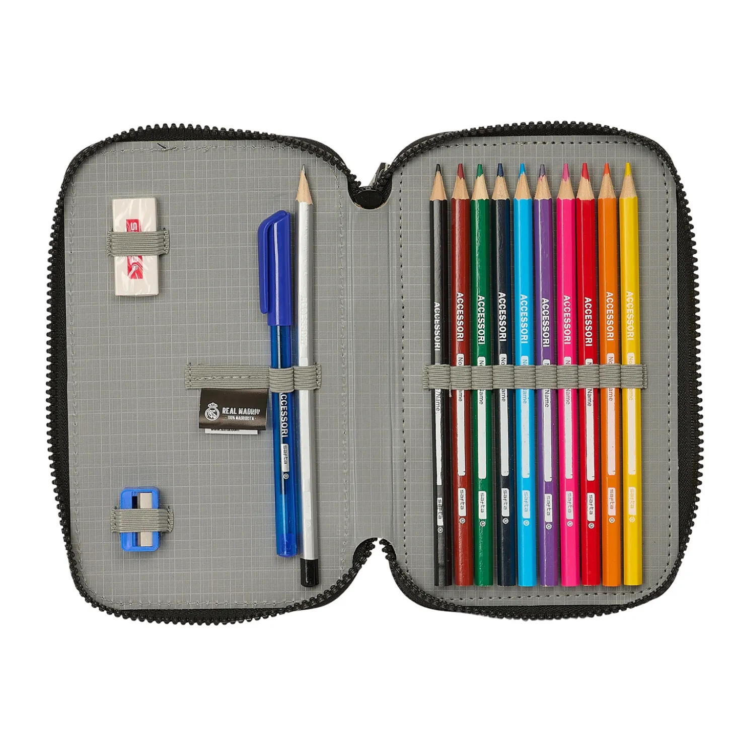SAFTA S.A. Rentrée Scolaire|Papeterie^Trousse à Crayons Double avec Matériel Scolaire Real Madrid Blanc/Noir